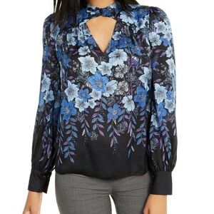 Elie Tahari Siobhan Floral Printed Silk Keyhole Blouse Dark Romantic Top M